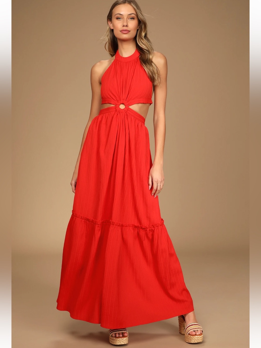 LULUS Island Vacay Red Tie-Back Maxi Dress Size small
